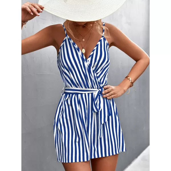 chouyatou Womens Summer Casual V Neck Romper Sleeveless Tie Waist Striped Camisole Short JumpsuitBlue