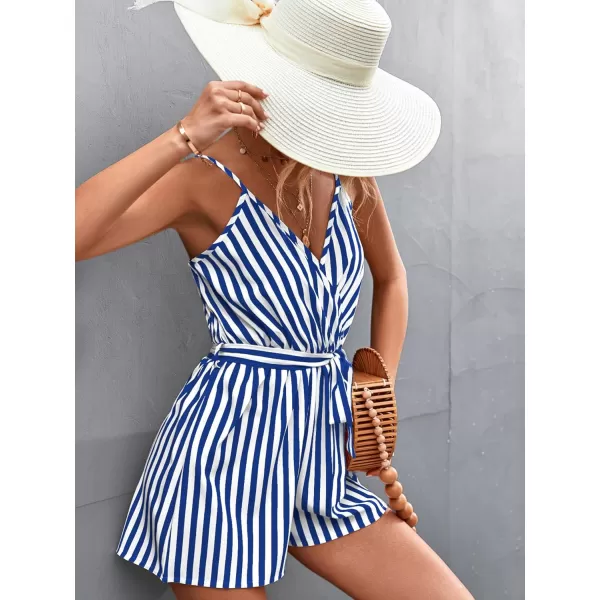 chouyatou Womens Summer Casual V Neck Romper Sleeveless Tie Waist Striped Camisole Short JumpsuitBlue