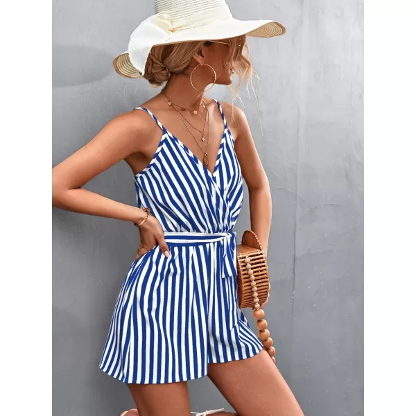 chouyatou Womens Summer Casual V Neck Romper Sleeveless Tie Waist Striped Camisole Short JumpsuitBlue