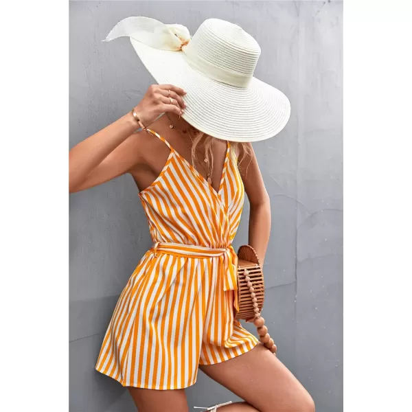 chouyatou Womens Summer Casual V Neck Romper Sleeveless Tie Waist Striped Camisole Short JumpsuitYellow