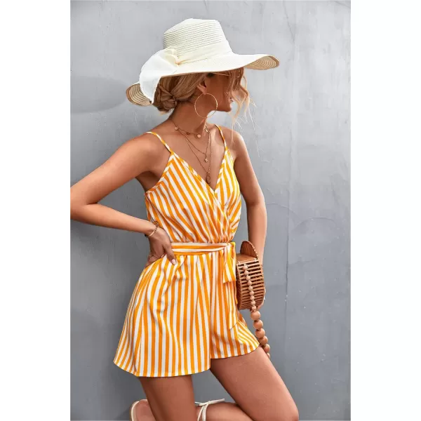 chouyatou Womens Summer Casual V Neck Romper Sleeveless Tie Waist Striped Camisole Short JumpsuitYellow