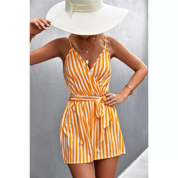 chouyatou Womens Summer Casual V Neck Romper Sleeveless Tie Waist Striped Camisole Short JumpsuitYellow