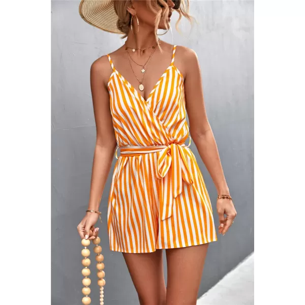 chouyatou Womens Summer Casual V Neck Romper Sleeveless Tie Waist Striped Camisole Short JumpsuitYellow
