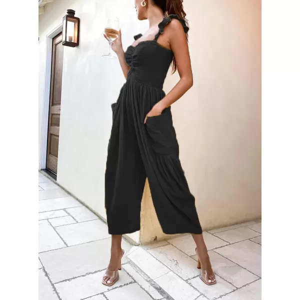 chouyatou Womens Summer Smocked High Waisted Jumpsuits Fashion Sleeveless Wide Leg Overall RompersBlack