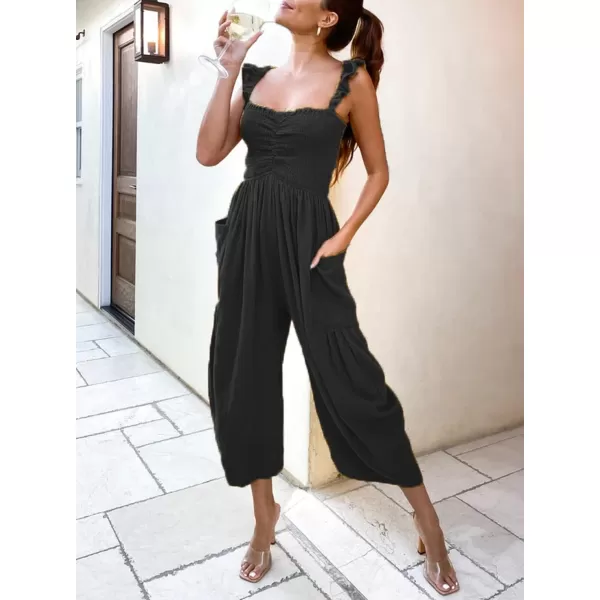 chouyatou Womens Summer Smocked High Waisted Jumpsuits Fashion Sleeveless Wide Leg Overall RompersBlack