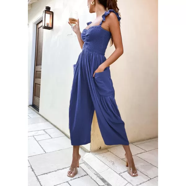 chouyatou Womens Summer Smocked High Waisted Jumpsuits Fashion Sleeveless Wide Leg Overall RompersBlue