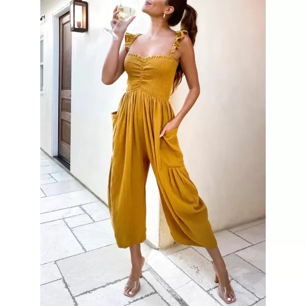 chouyatou Womens Summer Smocked High Waisted Jumpsuits Fashion Sleeveless Wide Leg Overall RompersYellow