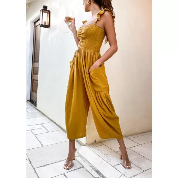 chouyatou Womens Summer Smocked High Waisted Jumpsuits Fashion Sleeveless Wide Leg Overall RompersYellow