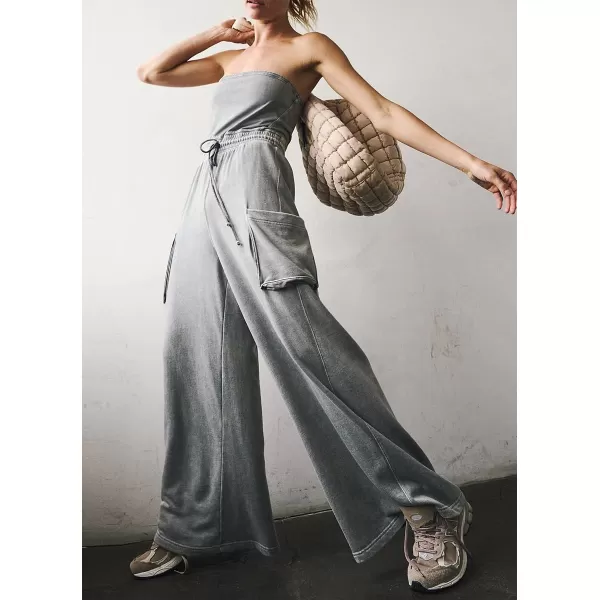 chouyatou Womens Summer Strapless Tube Jumpsuits Casual Baggy Wide Leg Overalls Romper PantsGrey