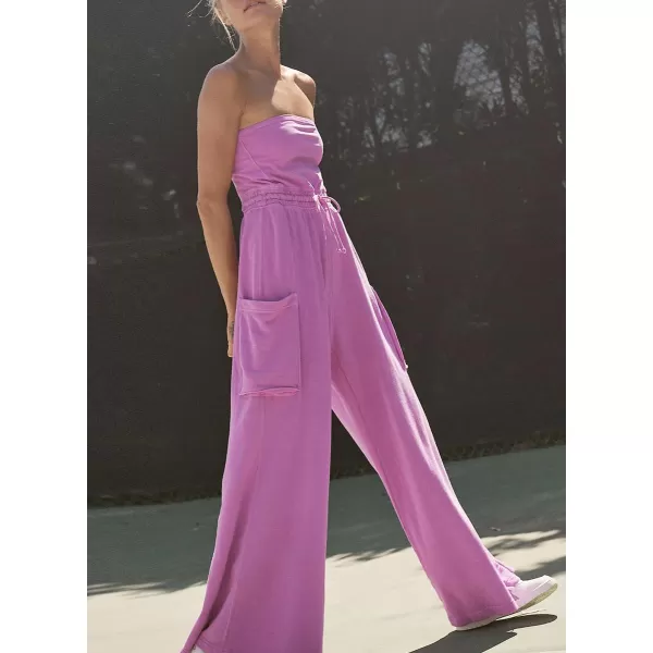chouyatou Womens Summer Strapless Tube Jumpsuits Casual Baggy Wide Leg Overalls Romper PantsPink