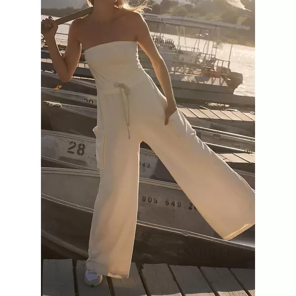 chouyatou Womens Summer Strapless Tube Jumpsuits Casual Baggy Wide Leg Overalls Romper PantsWhite