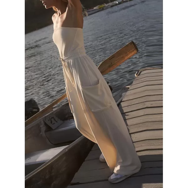 chouyatou Womens Summer Strapless Tube Jumpsuits Casual Baggy Wide Leg Overalls Romper PantsWhite