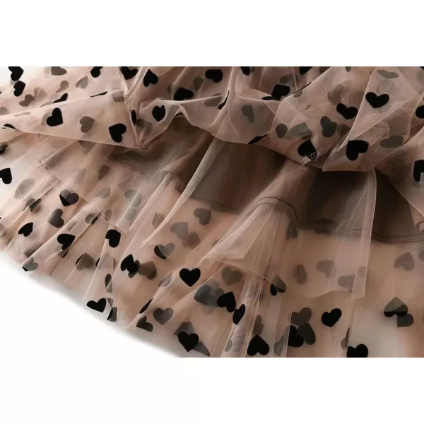 chouyatou Womens Sweet Heart Print Elastic Waist Swing Dance Tulle Long SkirtKhaki
