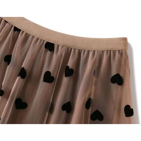 chouyatou Womens Sweet Heart Print Elastic Waist Swing Dance Tulle Long SkirtKhaki