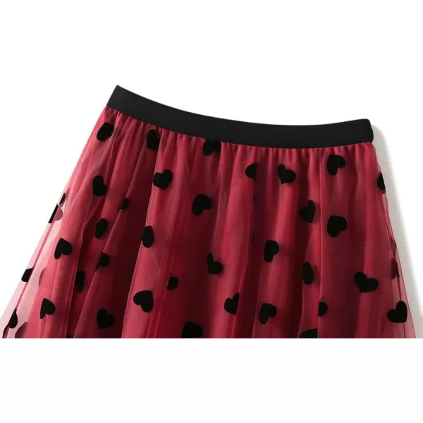 chouyatou Womens Sweet Heart Print Elastic Waist Swing Dance Tulle Long SkirtRed
