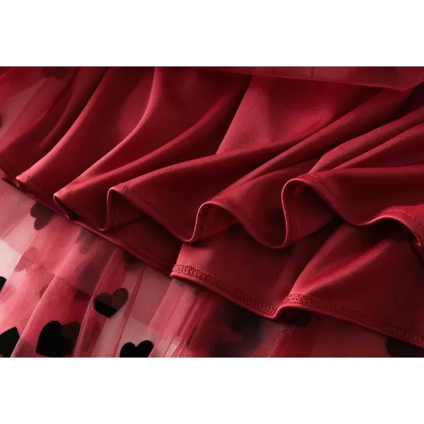 chouyatou Womens Sweet Heart Print Elastic Waist Swing Dance Tulle Long SkirtRed