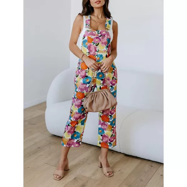 chouyatou Womens Vintage Floral Print Straight Legs Overalls Jumpsuit Romper PantsFloral