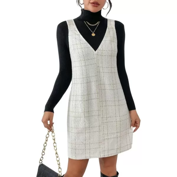 chouyatou Women Elegant A Line Tweed Pinafore Dress V Neck Sleeveless Plaid Mini Short Overall Vest DressApricot
