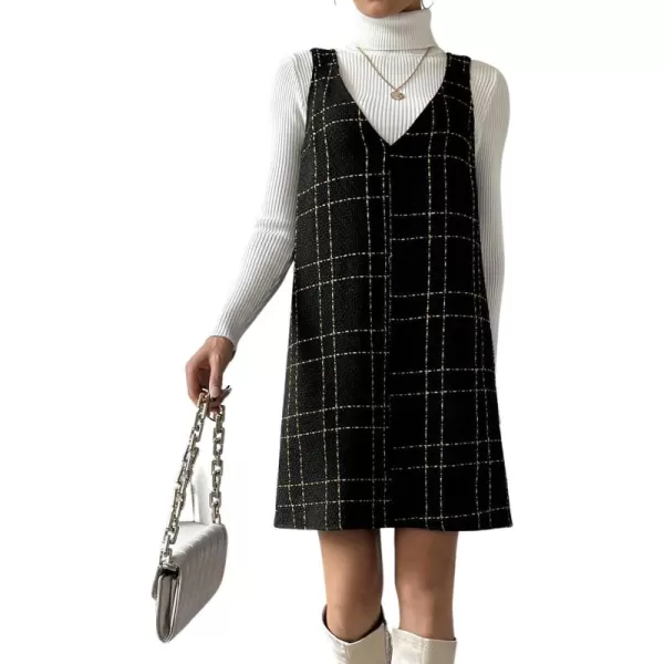 chouyatou Women Elegant A Line Tweed Pinafore Dress V Neck Sleeveless Plaid Mini Short Overall Vest DressBlack