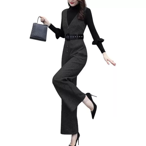 chouyatou Women Fall Winter Casual Business Wool Blend V Neck Romper Overall Sleeveless Jumpsuit with TieBlack