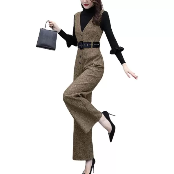 chouyatou Women Fall Winter Casual Business Wool Blend V Neck Romper Overall Sleeveless Jumpsuit with TieBrown