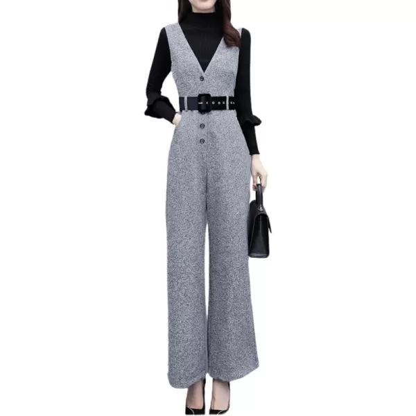 chouyatou Women Fall Winter Casual Business Wool Blend V Neck Romper Overall Sleeveless Jumpsuit with TieGrey