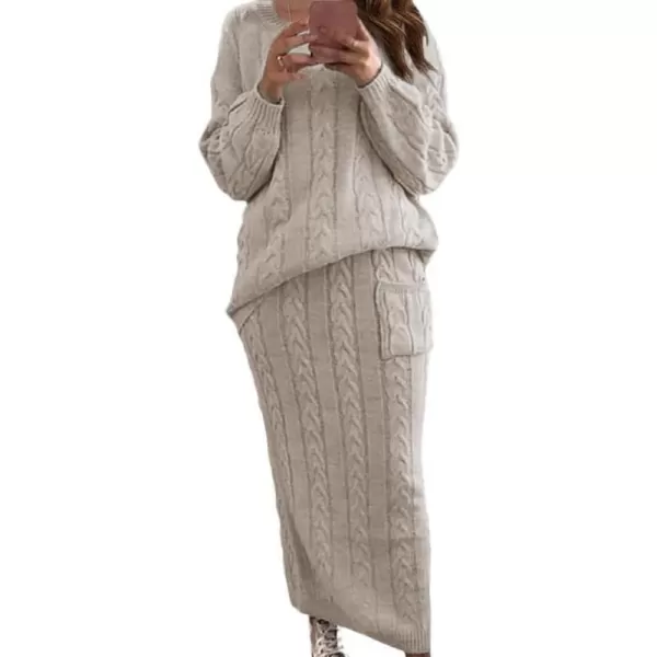 chouyatou Women Winter Casual Chunky Cable Knit Long Pencil Skirt 2 Piece Outfit Oversized Pullover Sweater SetsApricot