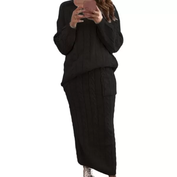 chouyatou Women Winter Casual Chunky Cable Knit Long Pencil Skirt 2 Piece Outfit Oversized Pullover Sweater SetsBlack