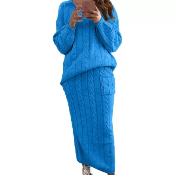 chouyatou Women Winter Casual Chunky Cable Knit Long Pencil Skirt 2 Piece Outfit Oversized Pullover Sweater SetsBlue