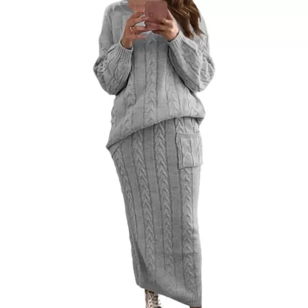 chouyatou Women Winter Casual Chunky Cable Knit Long Pencil Skirt 2 Piece Outfit Oversized Pullover Sweater SetsGrey
