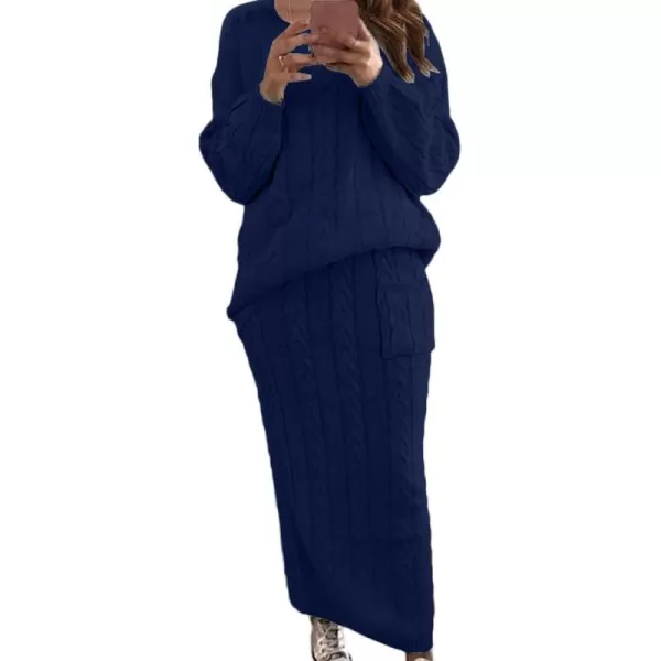 chouyatou Women Winter Casual Chunky Cable Knit Long Pencil Skirt 2 Piece Outfit Oversized Pullover Sweater SetsNavy Blue