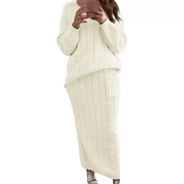 chouyatou Women Winter Casual Chunky Cable Knit Long Pencil Skirt 2 Piece Outfit Oversized Pullover Sweater SetsWhite