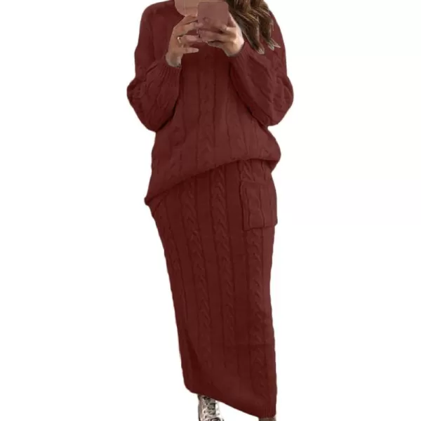 chouyatou Women Winter Casual Chunky Cable Knit Long Pencil Skirt 2 Piece Outfit Oversized Pullover Sweater SetsWine Red