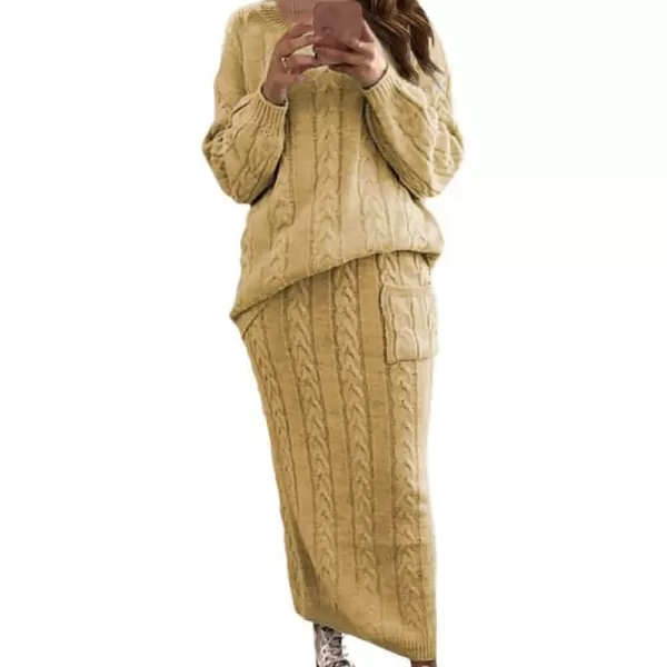 chouyatou Women Winter Casual Chunky Cable Knit Long Pencil Skirt 2 Piece Outfit Oversized Pullover Sweater SetsYellow