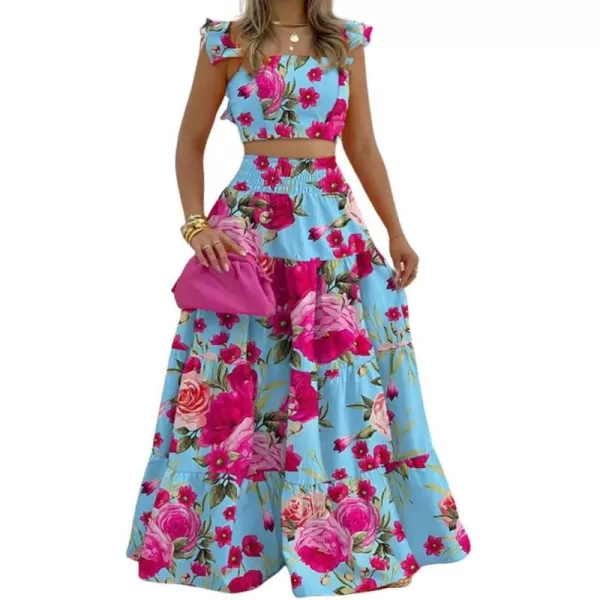 chouyatou Womens 2 Piece Outfits Spaghetti Strap Crop Top and Smocked Waist Ruffle Swing Long Skirt SetFloral Blue