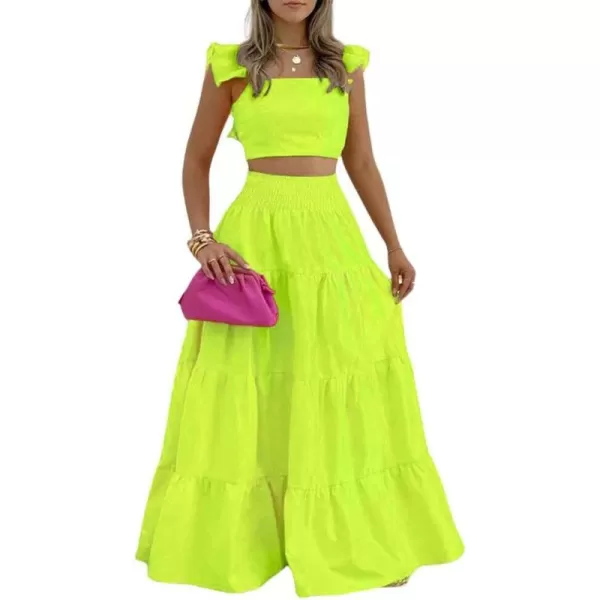 chouyatou Womens 2 Piece Outfits Spaghetti Strap Crop Top and Smocked Waist Ruffle Swing Long Skirt SetGreen