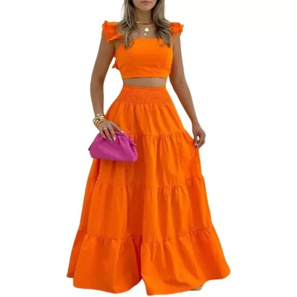 chouyatou Womens 2 Piece Outfits Spaghetti Strap Crop Top and Smocked Waist Ruffle Swing Long Skirt SetOrange
