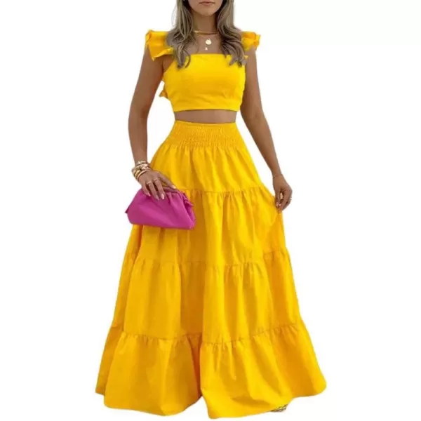 chouyatou Womens 2 Piece Outfits Spaghetti Strap Crop Top and Smocked Waist Ruffle Swing Long Skirt SetYellow