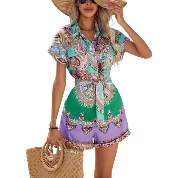 chouyatou Womens Bohemian Floral Print Rompers Button Up Short Sleeve Wide Leg Belted Hawaiian Vacation Romper ShortsGreen