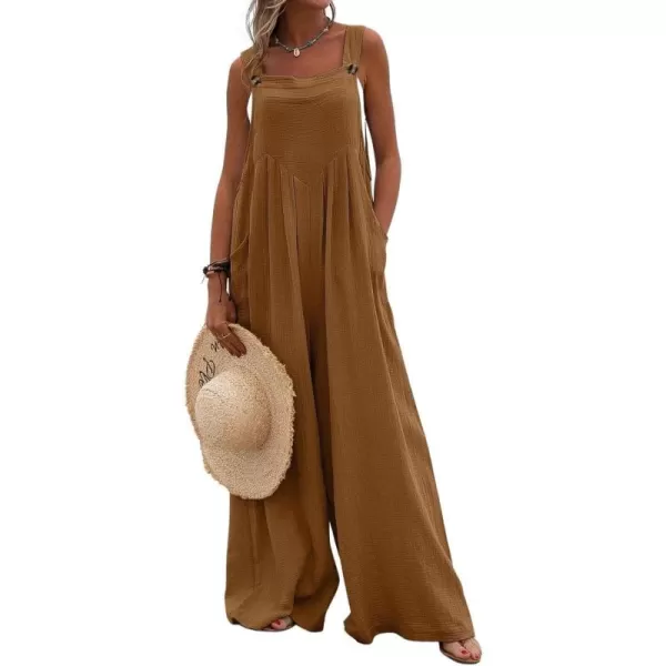 chouyatou Womens Casual Adjustable Strap Wide Leg Bib Overalls Jumpsuit with PocketsBrown