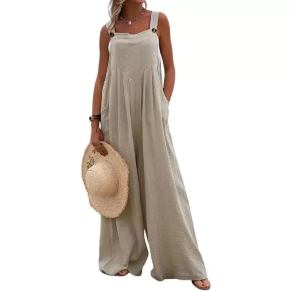 chouyatou Womens Casual Adjustable Strap Wide Leg Bib Overalls Jumpsuit with PocketsKhaki