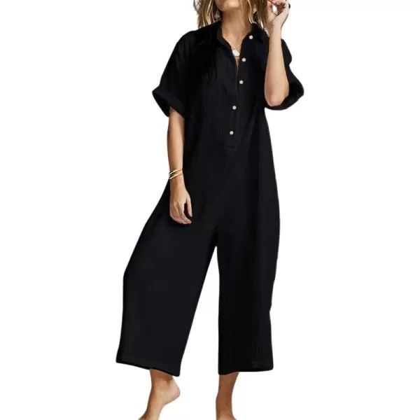 chouyatou Womens Casual Button Down RolledUp Sleeve Jumpsuit Pants Summer Wide Leg Overall RompersBlack