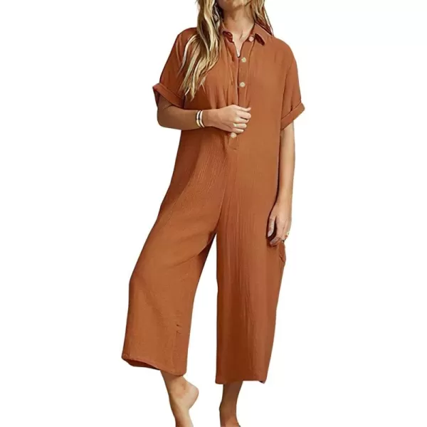 chouyatou Womens Casual Button Down RolledUp Sleeve Jumpsuit Pants Summer Wide Leg Overall RompersBrown