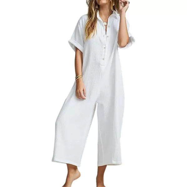 chouyatou Womens Casual Button Down RolledUp Sleeve Jumpsuit Pants Summer Wide Leg Overall RompersWhite