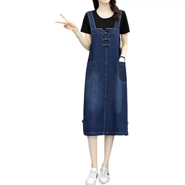 chouyatou Womens Casual Frog Button Deco ALine Midi Long Denim Overall DressDark Blue