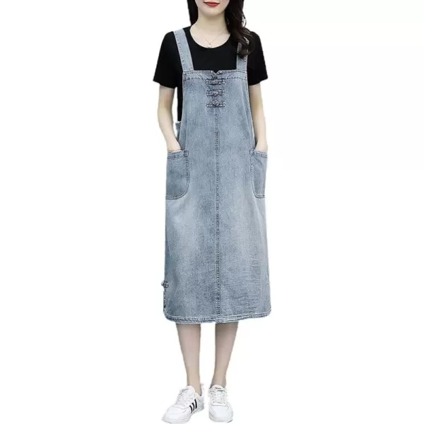 chouyatou Womens Casual Frog Button Deco ALine Midi Long Denim Overall DressLight Blue