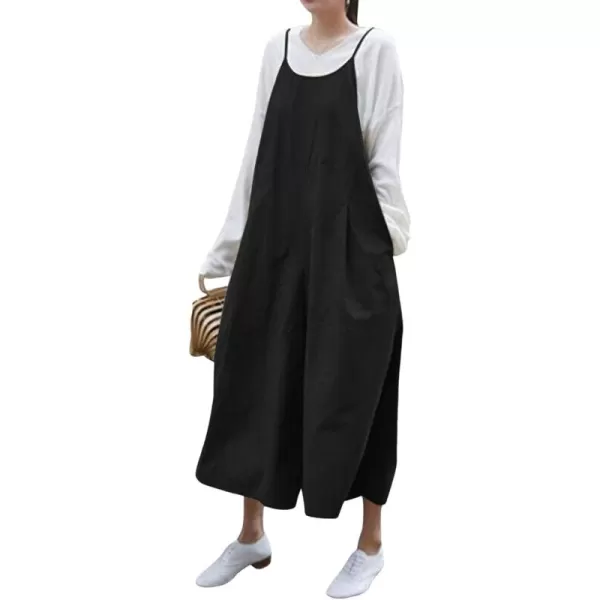 chouyatou Womens Casual Loose Bib Overalls Pants Cotton Baggy Wide Leg Jumpsuits RompersBlack