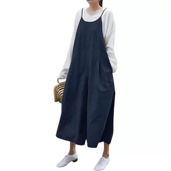 chouyatou Womens Casual Loose Bib Overalls Pants Cotton Baggy Wide Leg Jumpsuits RompersNavy Blue