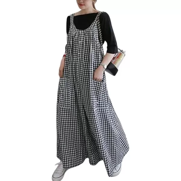 chouyatou Womens Casual Loose Fit Plaid Wide Leg Jumpsuits Baggy Cotton Bib Overalls Romper PantsBlack Plaid
