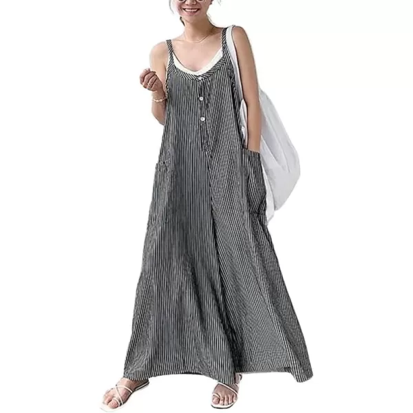 chouyatou Womens Casual Loose Fit Plaid Wide Leg Jumpsuits Baggy Cotton Bib Overalls Romper PantsBlack Stripe